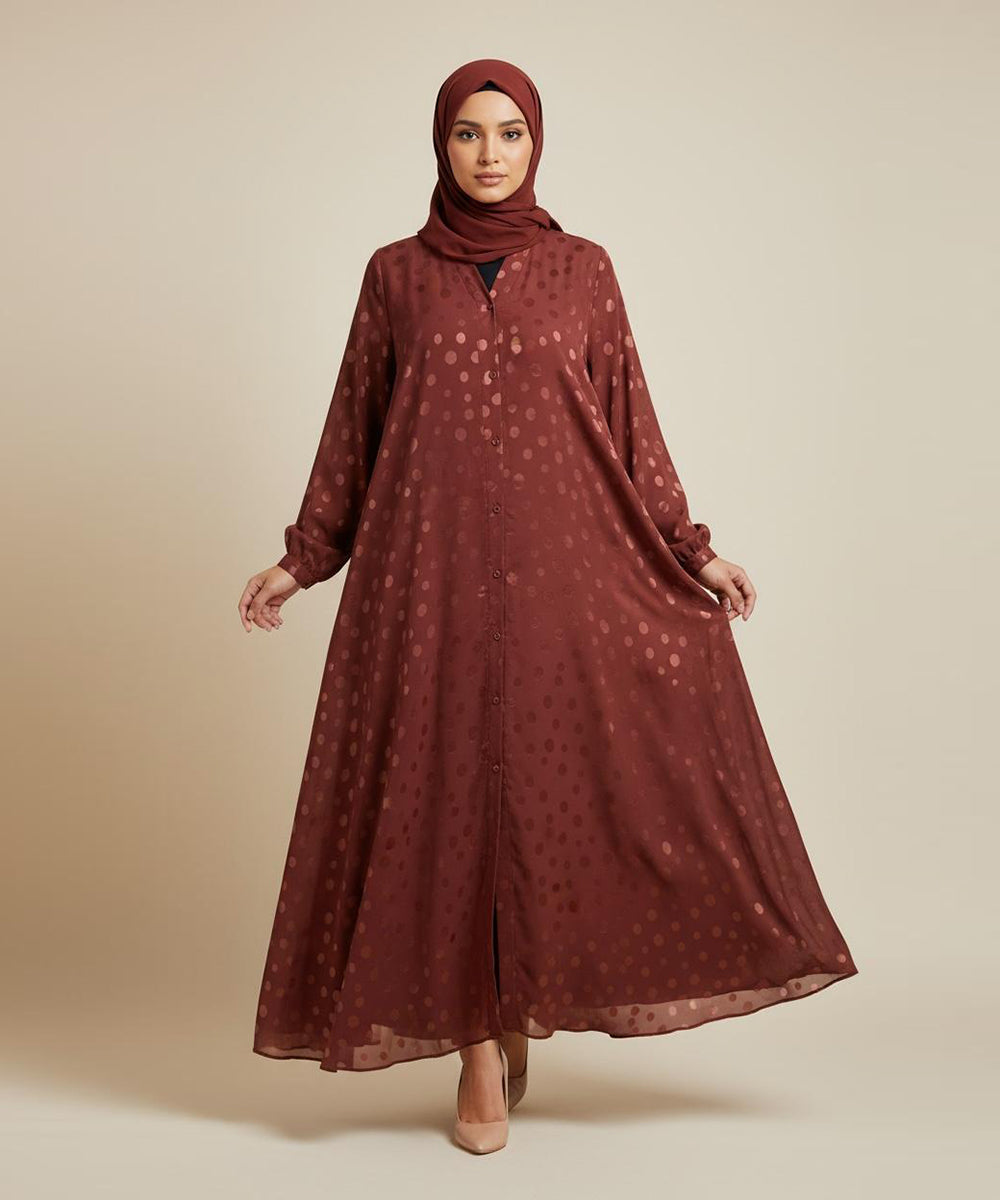 Elegant Rust Shade with Subtle Polka Dot Design Front Open Abaya