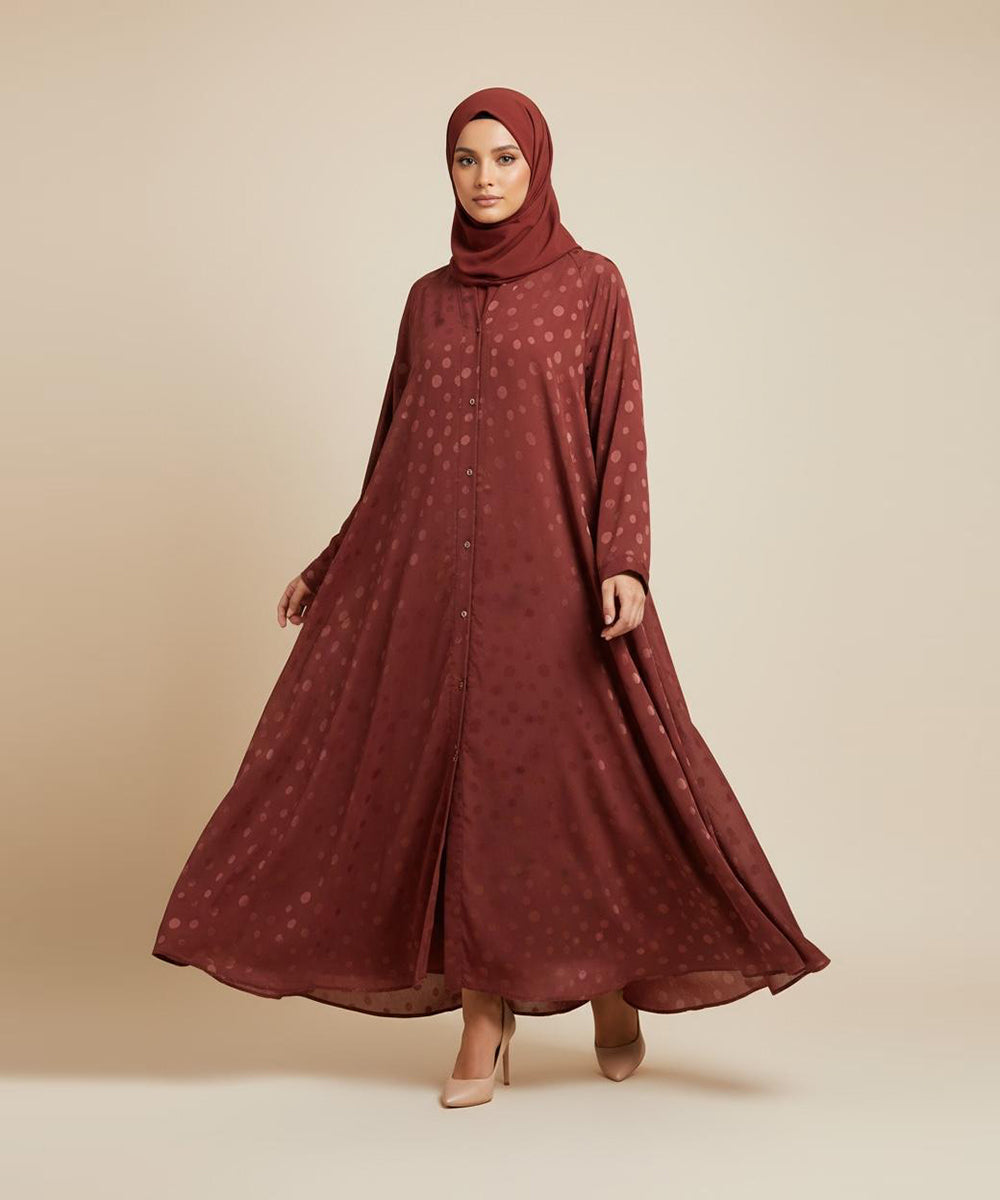 Elegant Rust Shade with Subtle Polka Dot Design Front Open Abaya