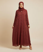 Elegant Rust Shade with Subtle Polka Dot Design Front Open Abaya