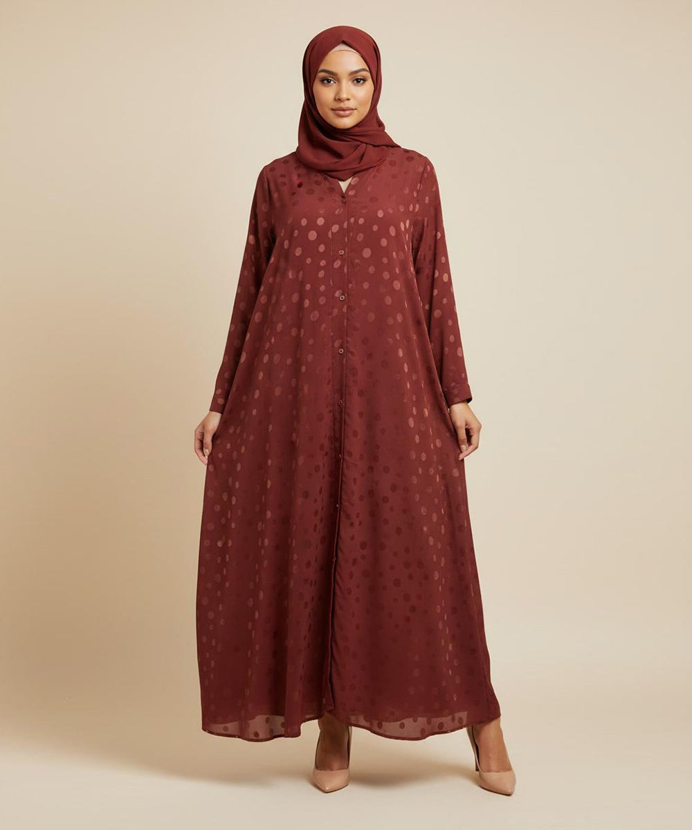 Elegant Rust Shade with Subtle Polka Dot Design Front Open Abaya