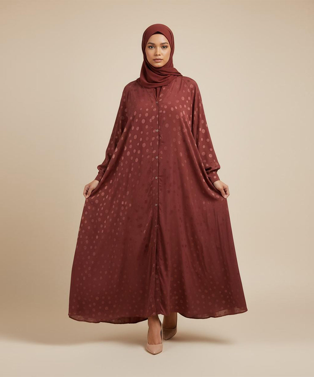 Elegant Rust Shade with Subtle Polka Dot Design Front Open Abaya