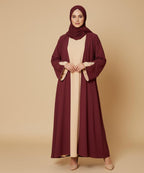 Elegant Two-Tone Modest Abaya Deep Maroon Outer with Soft Beige Inner With Stoller