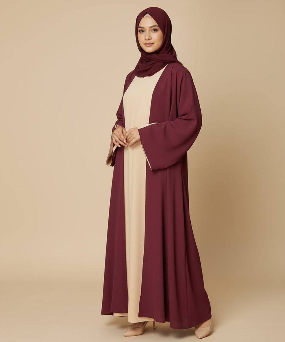 Elegant Two-Tone Modest Abaya Deep Maroon Outer with Soft Beige Inner With Stoller