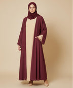 Elegant Two-Tone Modest Abaya Deep Maroon Outer with Soft Beige Inner With Stoller