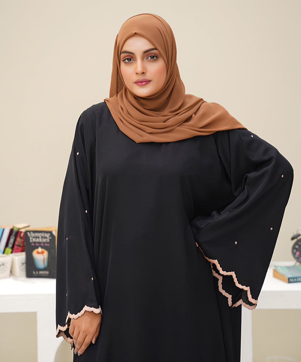 Embroidered Abaya Jet Black with Brown Hijab