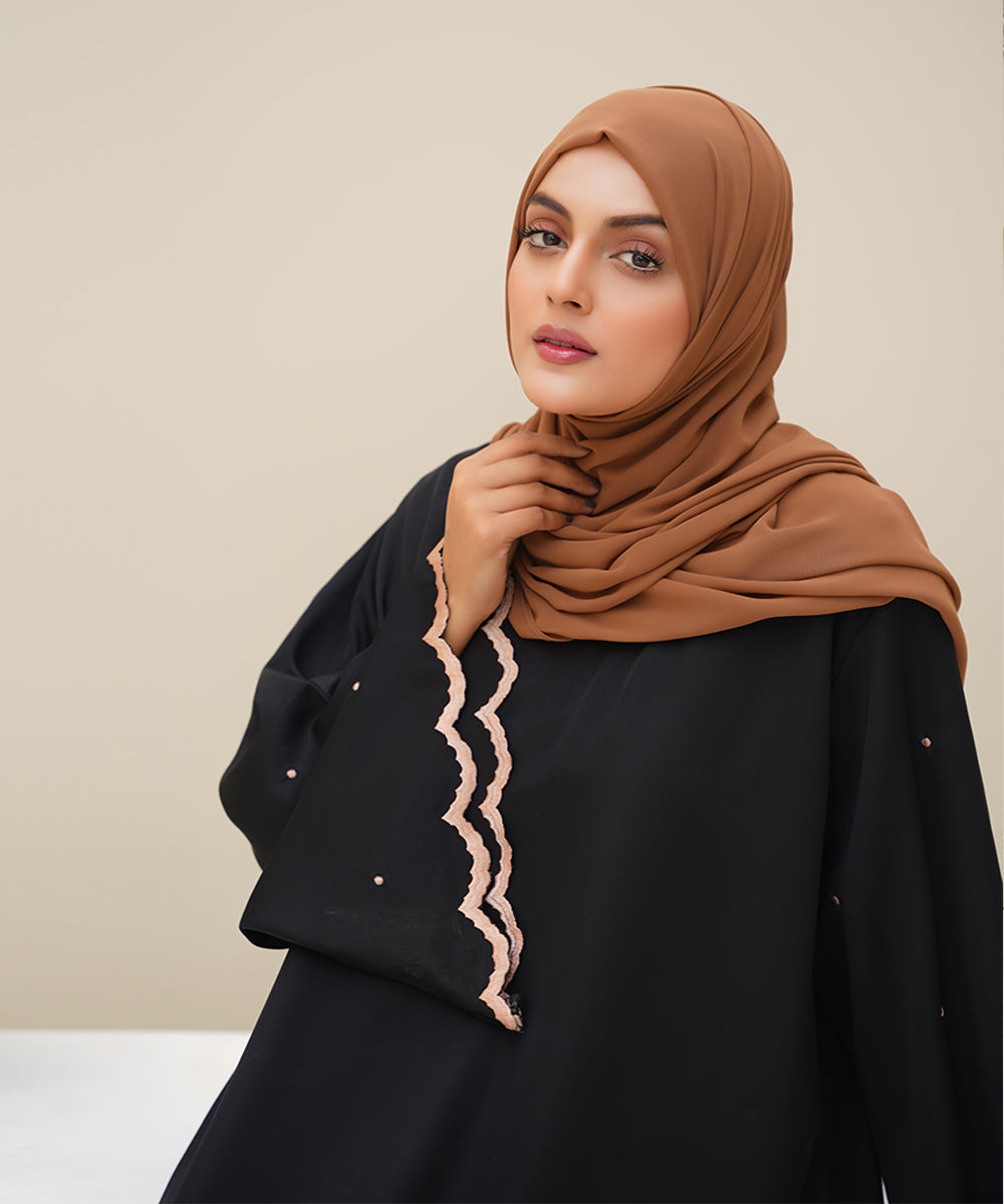 Embroidered Abaya Jet Black with Brown Hijab