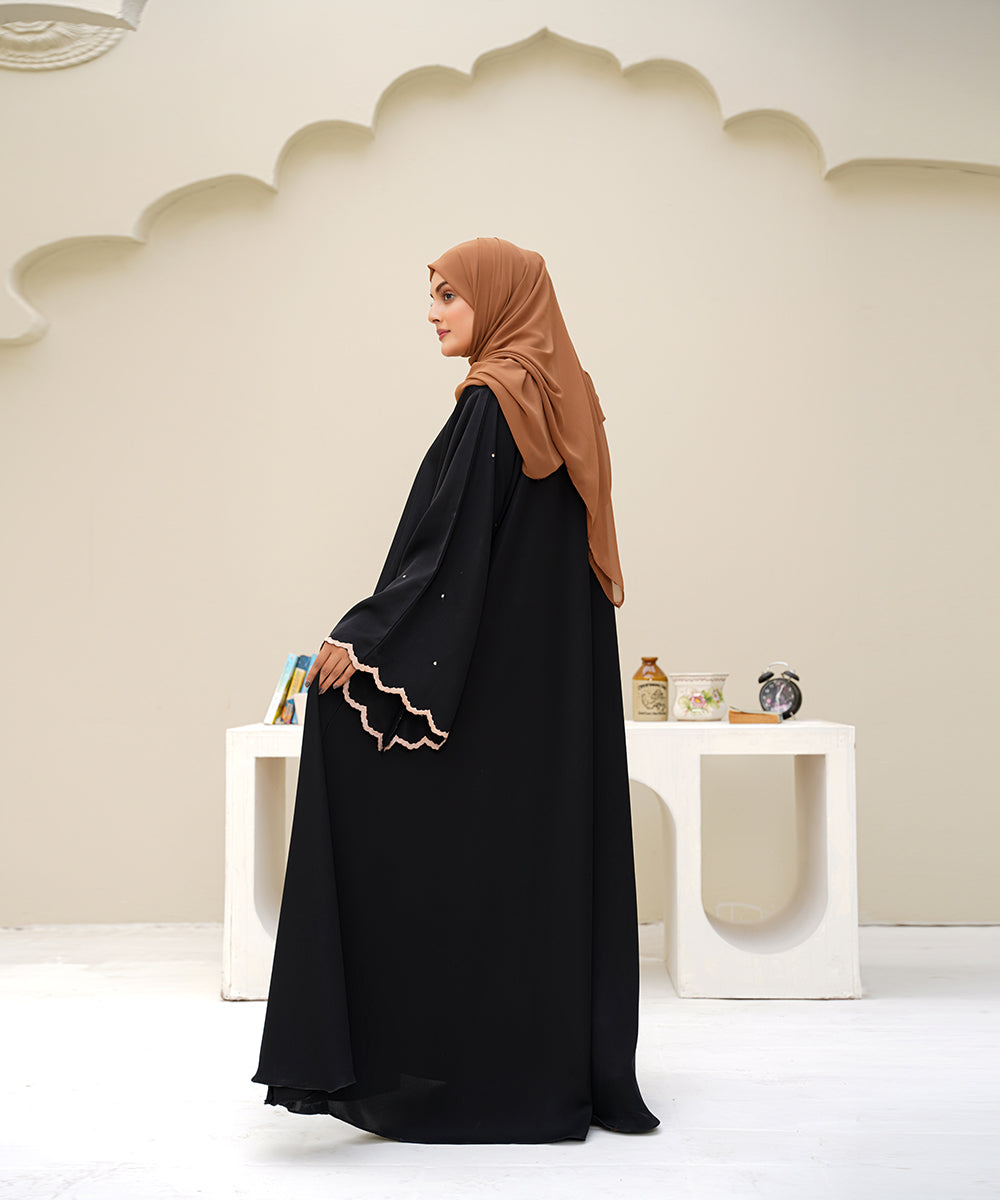 Embroidered Abaya Jet Black with Brown Hijab