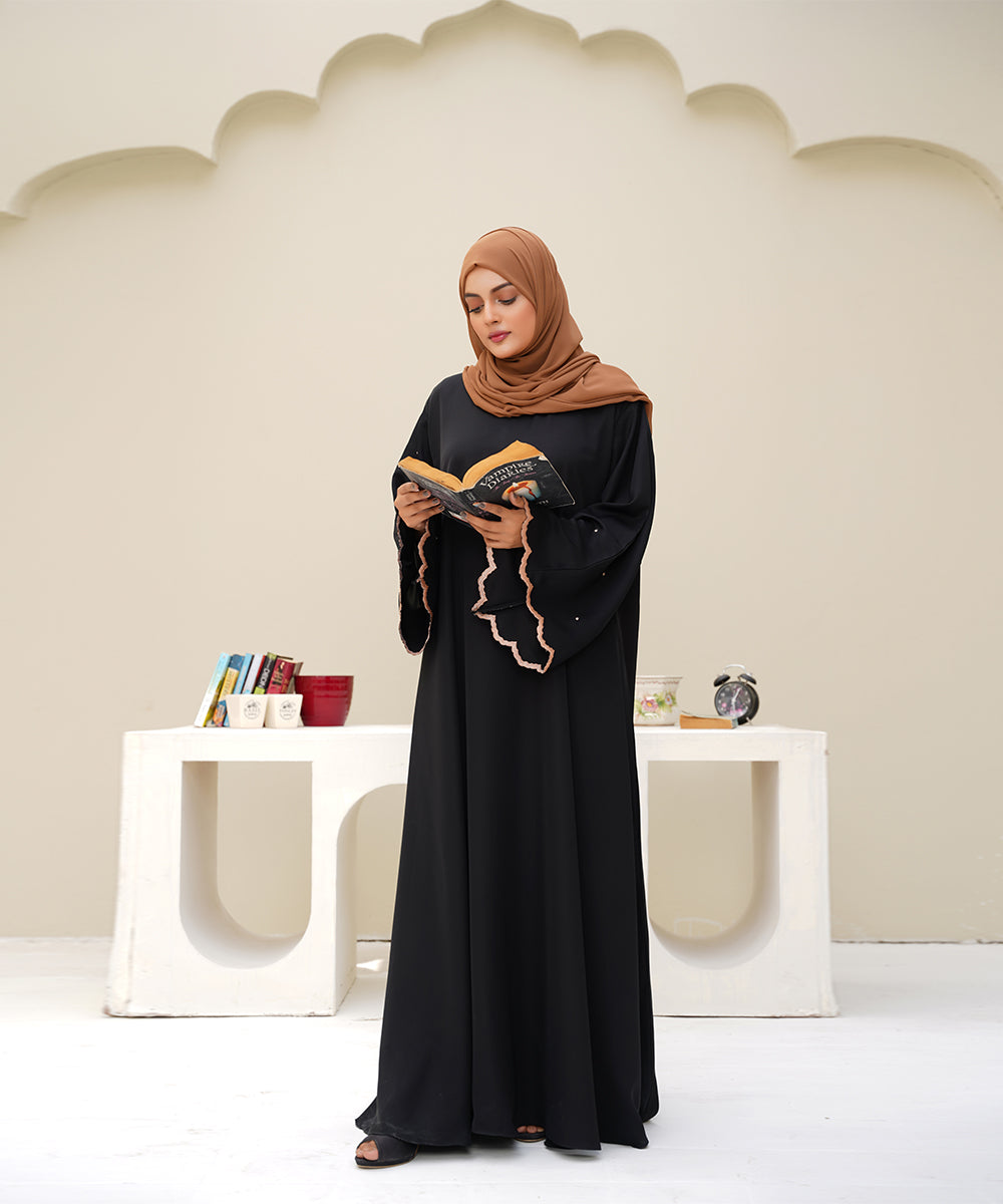 Embroidered Abaya Jet Black with Brown Hijab