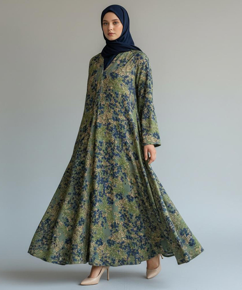 Full Length with Elegant Flare Front Open Abaya Green w Navy & Gold Floral Print