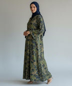 Full Length with Elegant Flare Front Open Abaya Green w Navy & Gold Floral Print