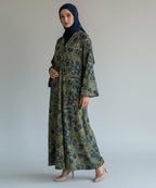 Full Length with Elegant Flare Front Open Abaya Green w Navy & Gold Floral Print