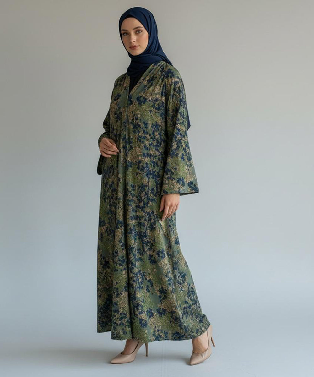 Full Length with Elegant Flare Front Open Abaya Green w Navy & Gold Floral Print