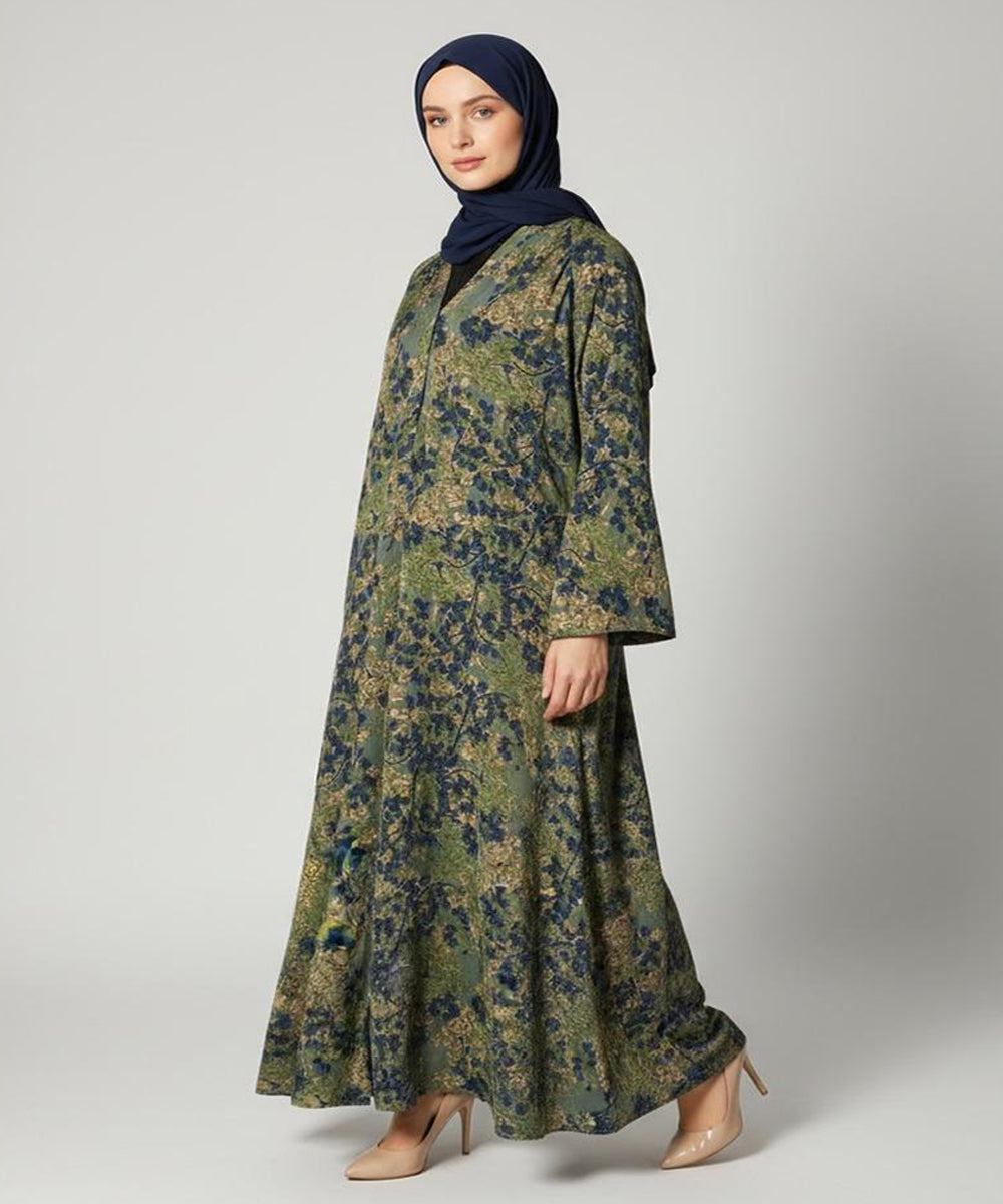 Full Length with Elegant Flare Front Open Abaya Green w Navy & Gold Floral Print
