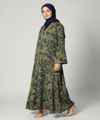 Full Length with Elegant Flare Front Open Abaya Green w Navy & Gold Floral Print