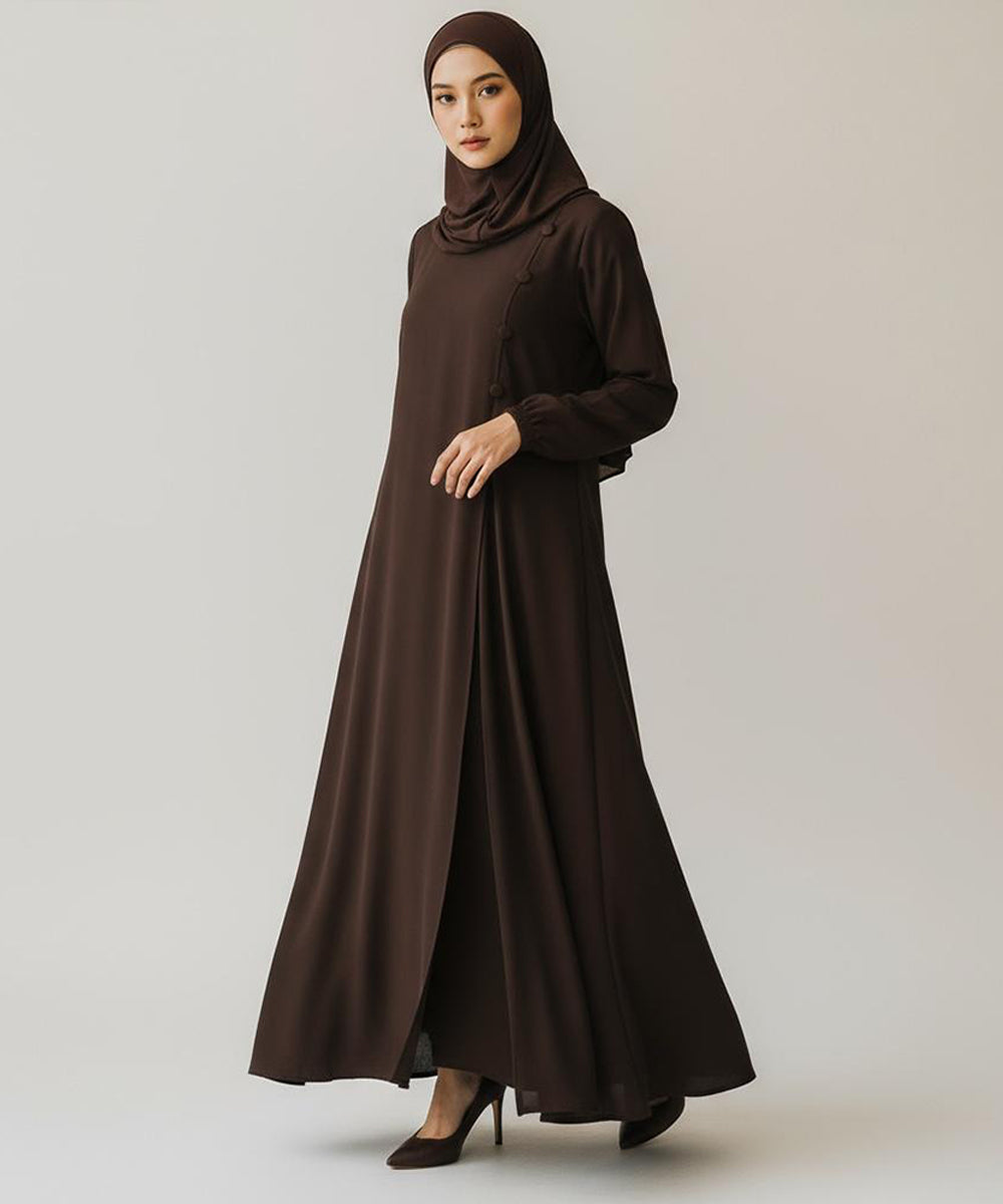 Flared Silhouette Abaya With Straight Gheera Chocolate-Brown