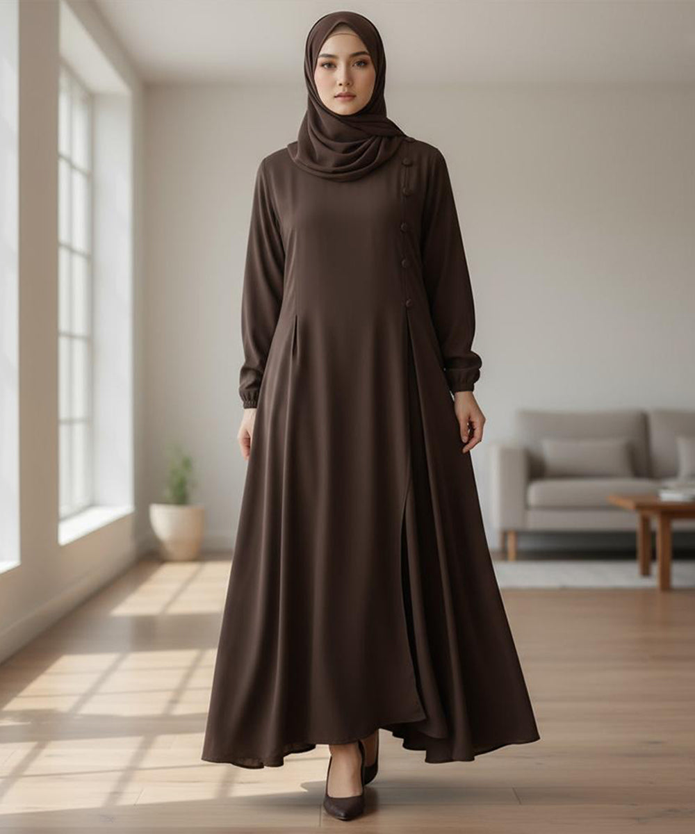 Flared Silhouette Abaya With Straight Gheera Chocolate-Brown