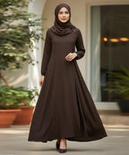 Flared Silhouette Abaya With Straight Gheera Chocolate-Brown