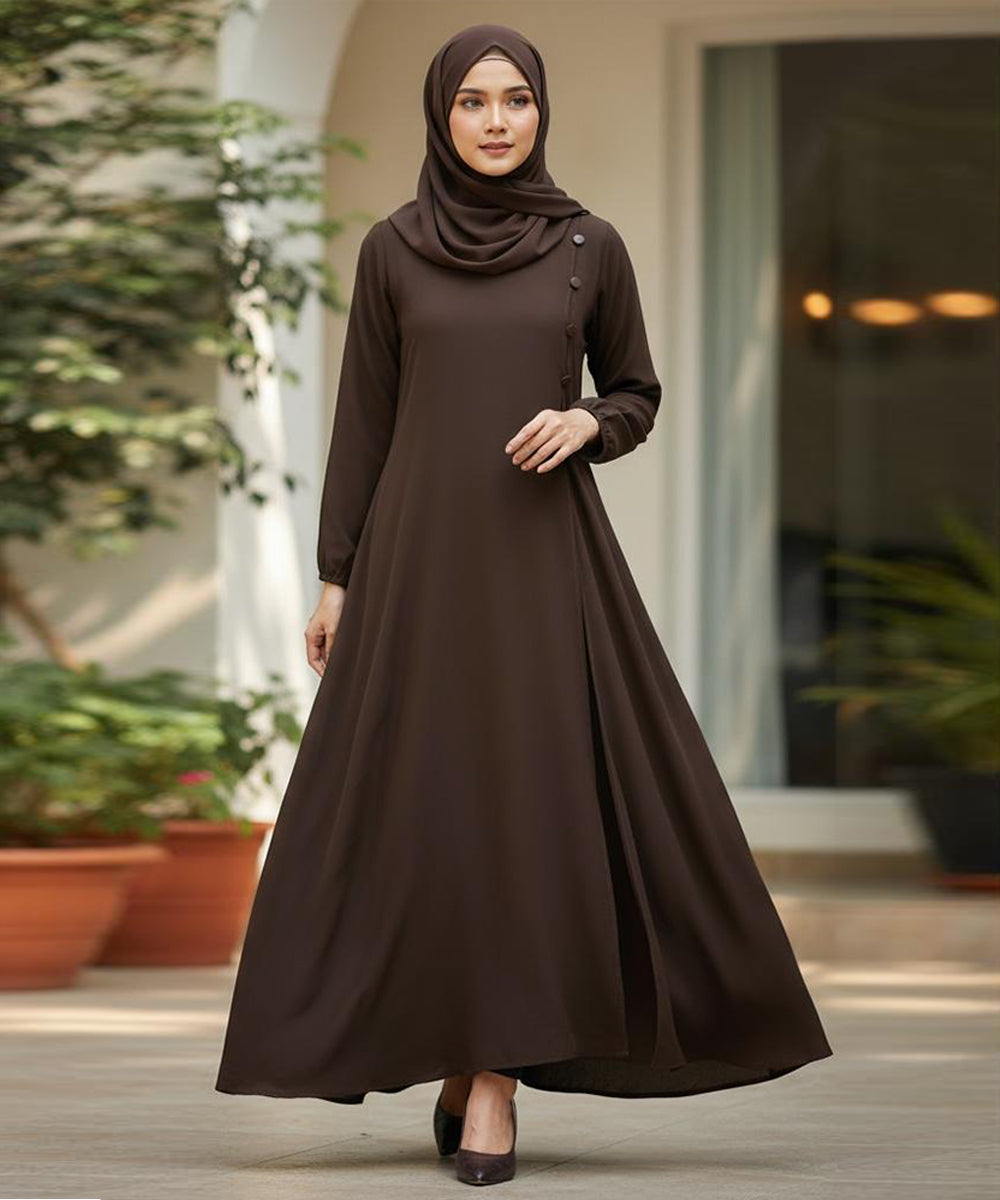 Flared Silhouette Abaya With Straight Gheera Chocolate-Brown