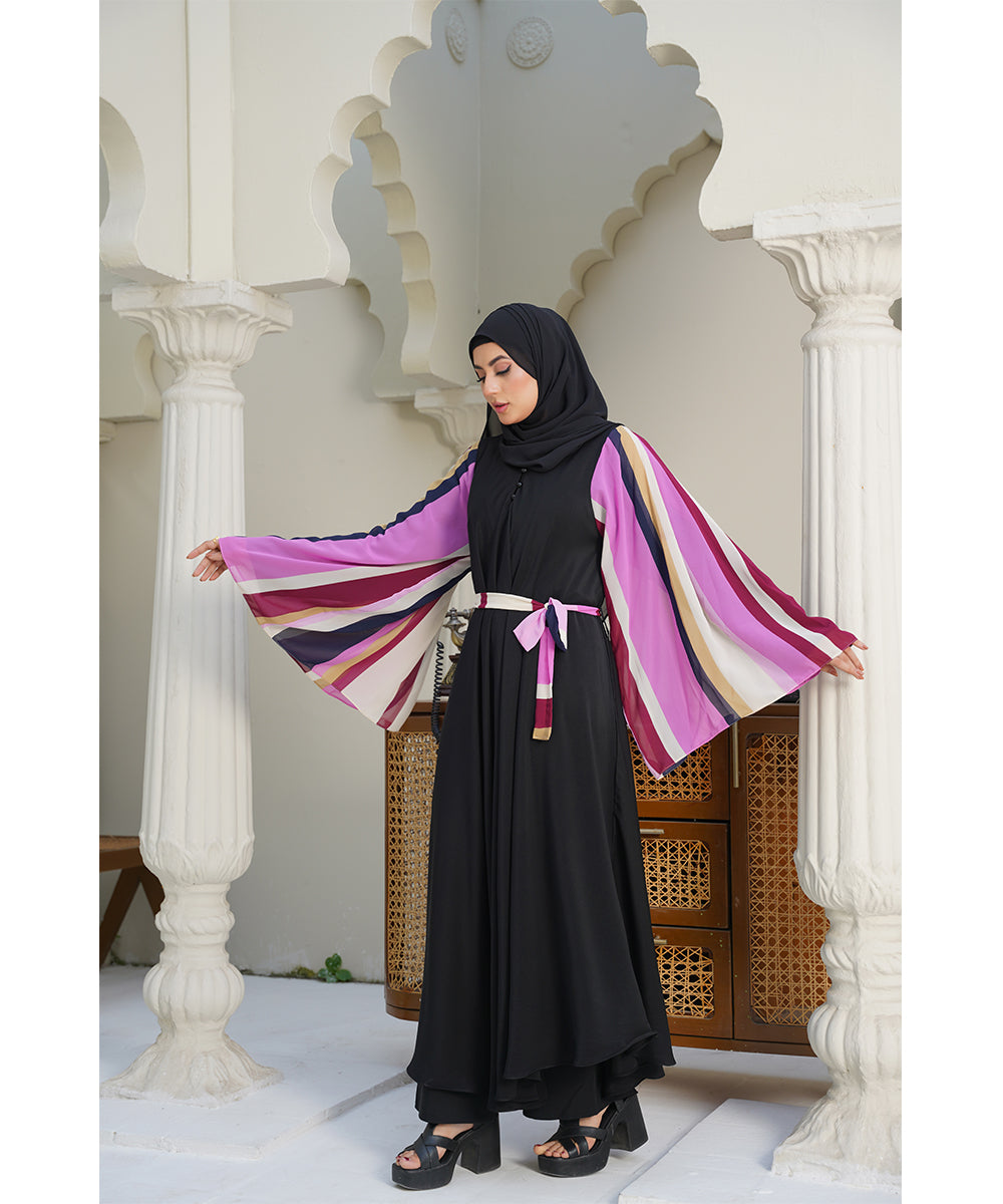 Flowy Elegant Cut Moderate Abaya Black With Hijab