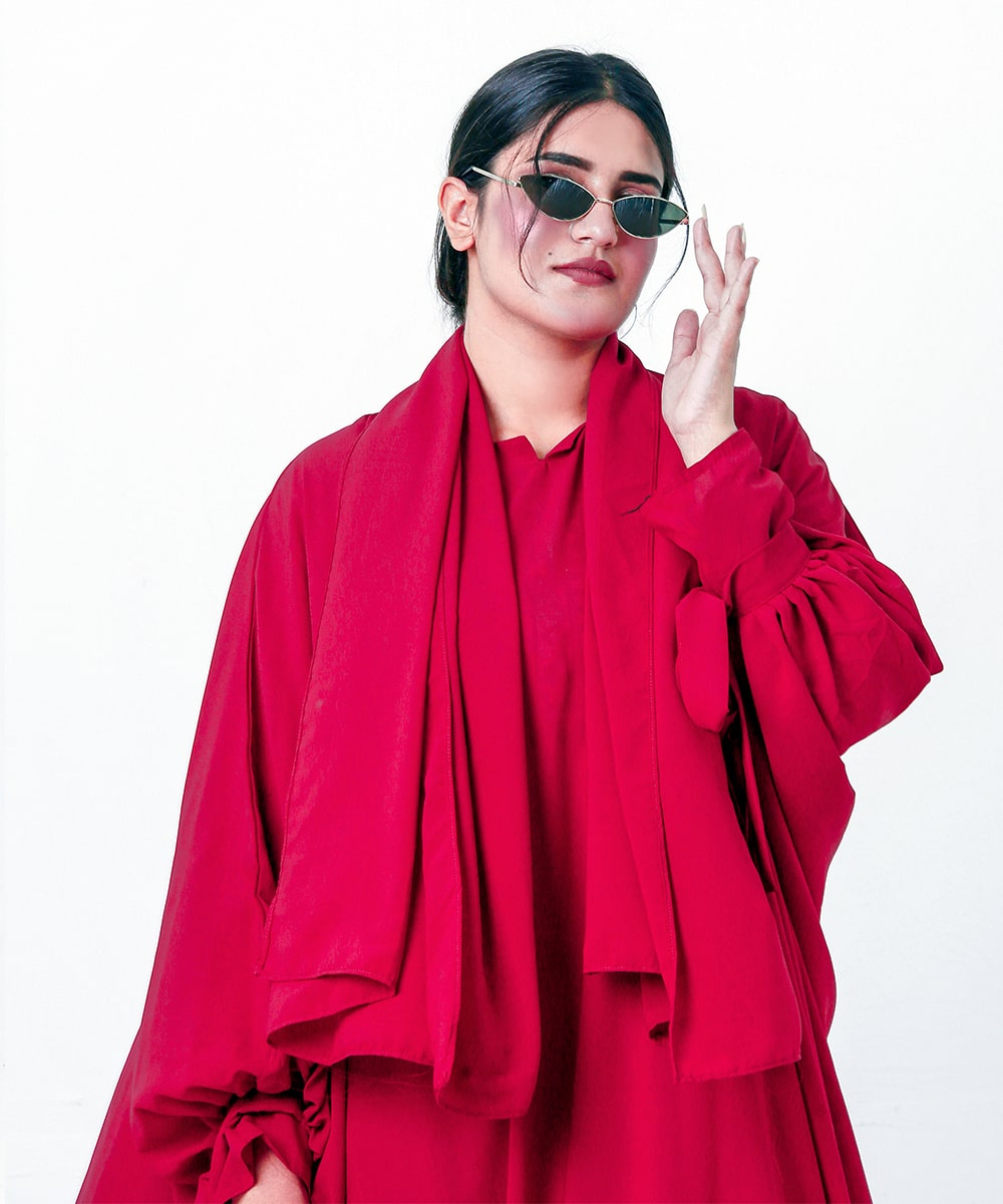Flowy Farshi Cut Abaya With Stoler Crimson Red
