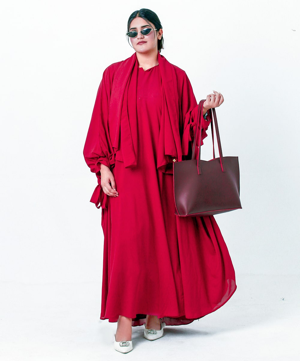 Flowy Farshi Cut Abaya With Stoler Crimson Red