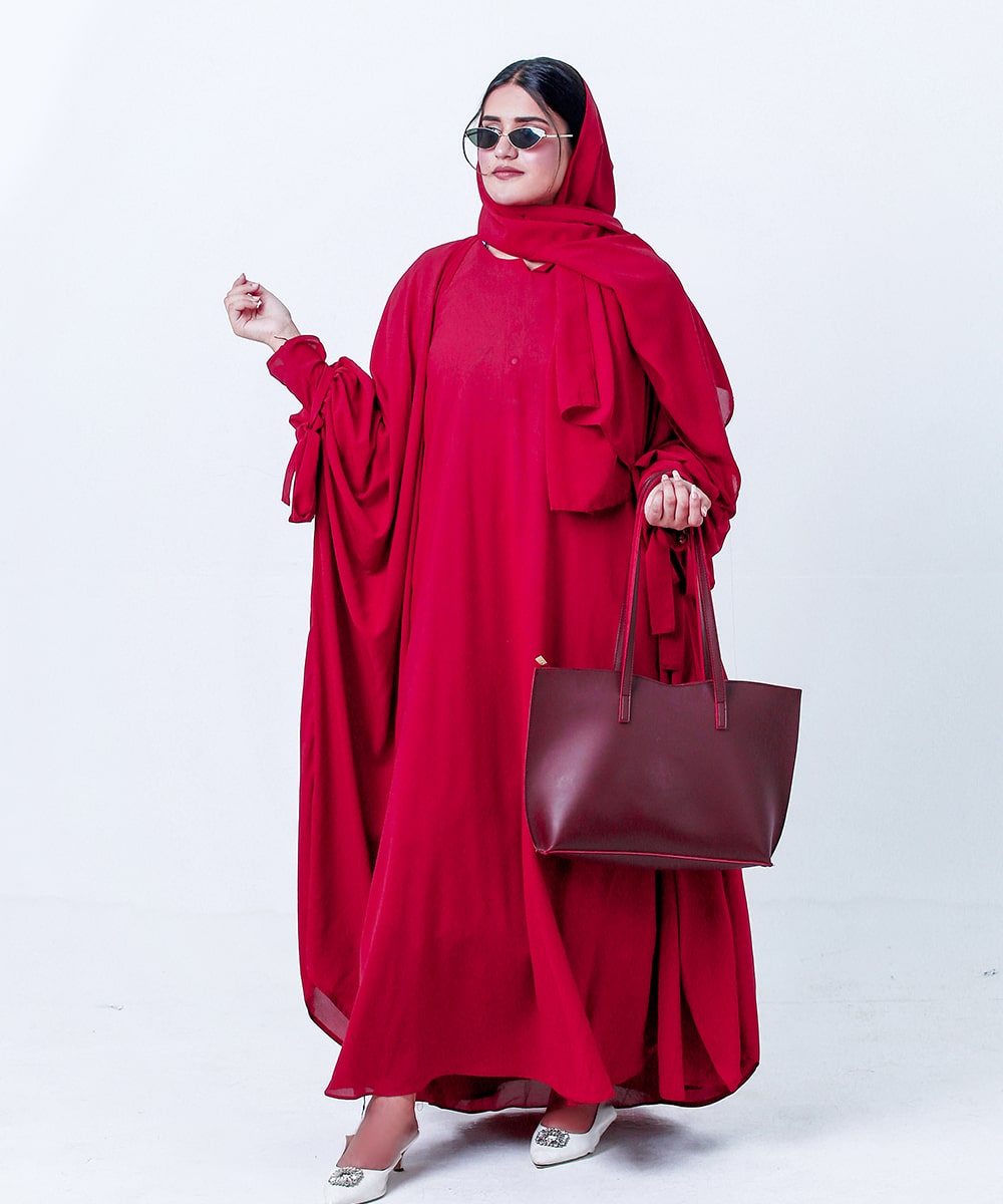 Flowy Farshi Cut Abaya With Stoler Crimson Red