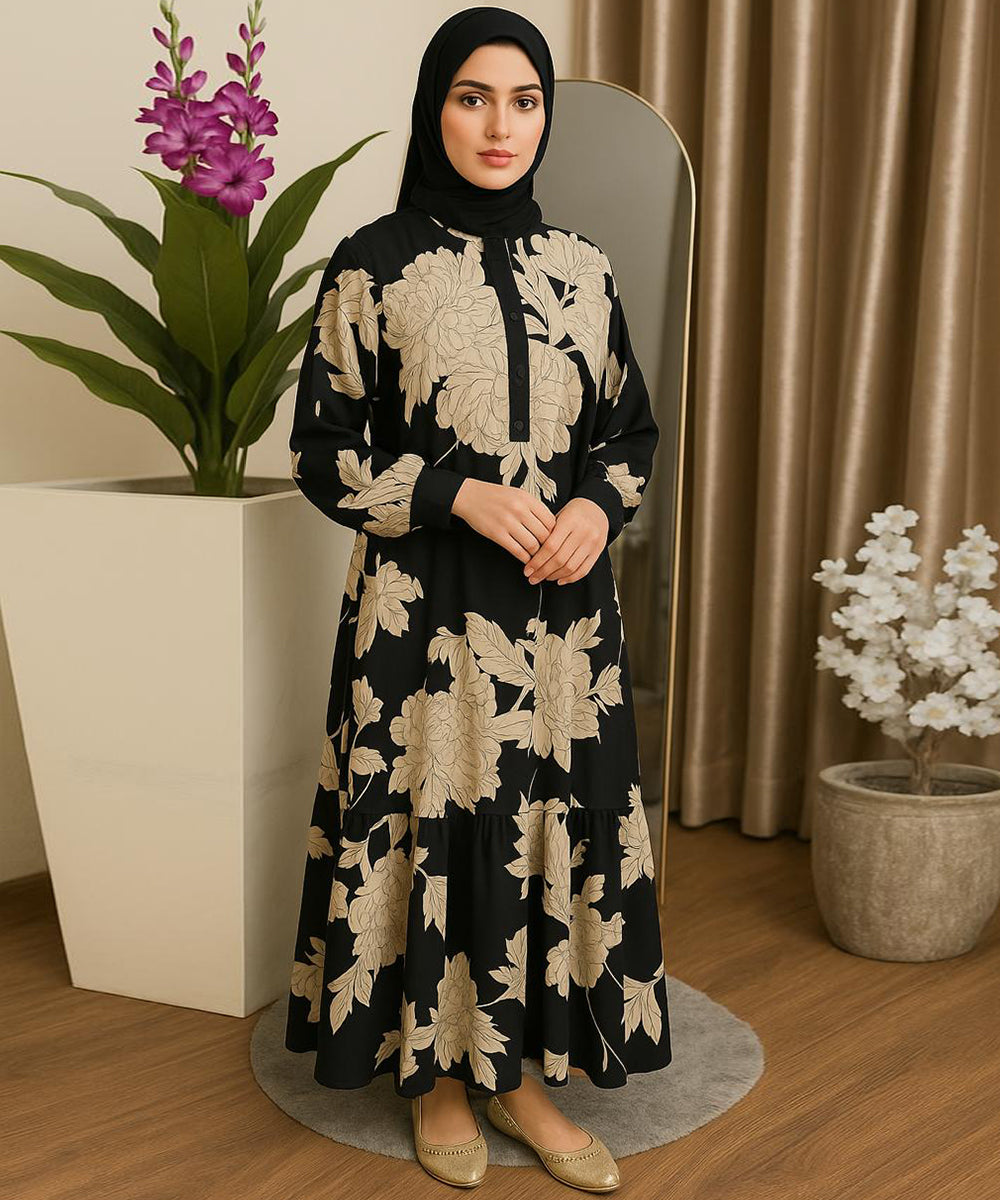 Frock Style Abaya Black Base with Beige Floral Prints