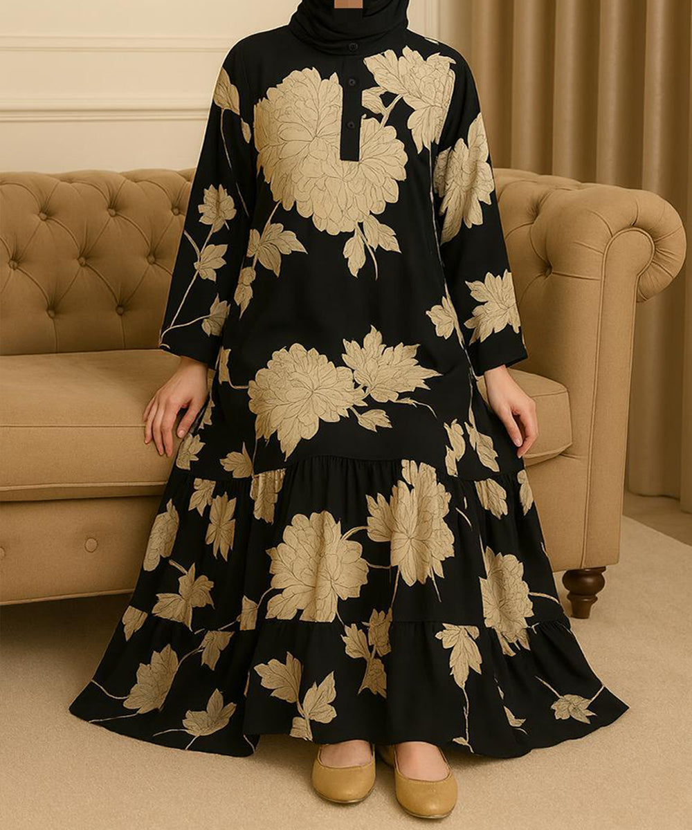Frock Style Abaya Black Base with Beige Floral Prints