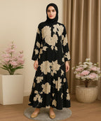 Frock Style Abaya Black Base with Beige Floral Prints