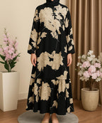 Frock Style Abaya Black Base with Beige Floral Prints