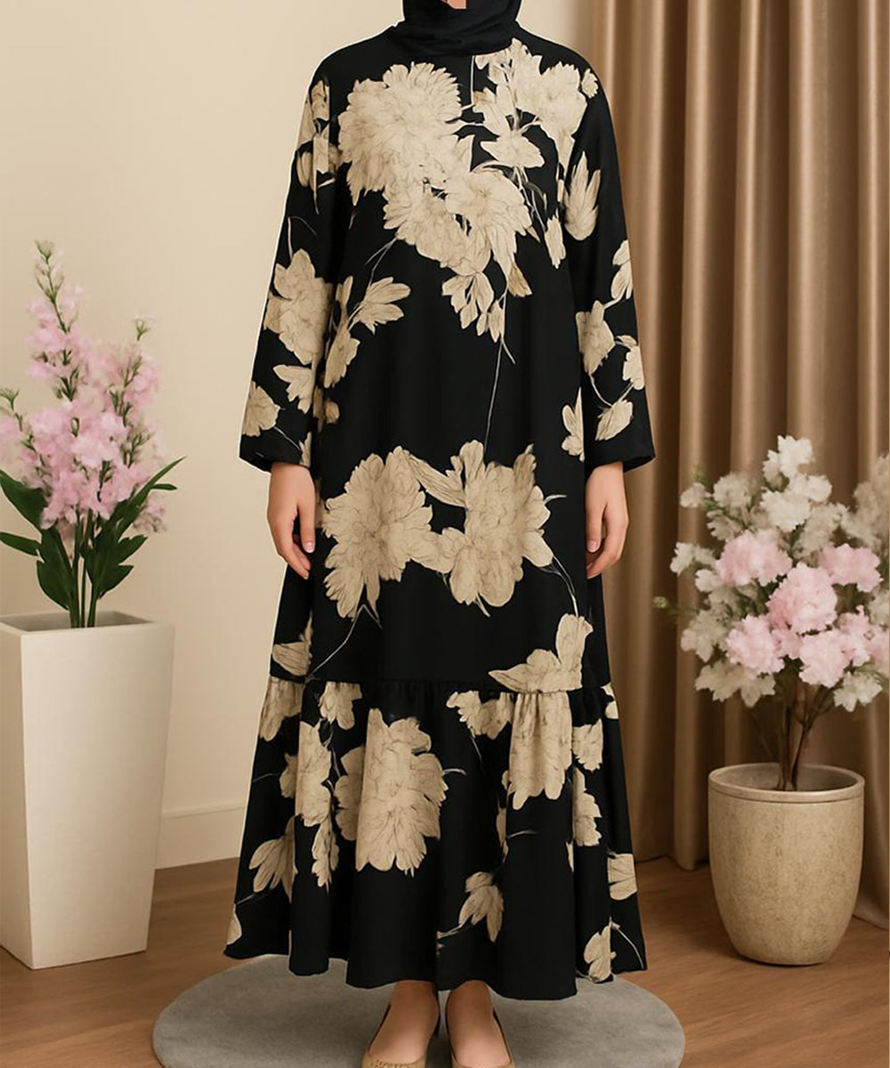 Frock Style Abaya Black Base with Beige Floral Prints