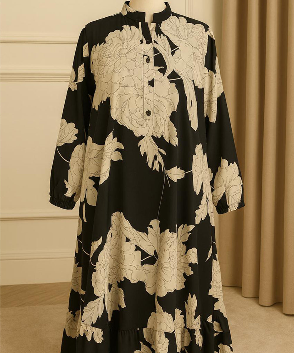 Frock Style Abaya Black Base with Beige Floral Prints