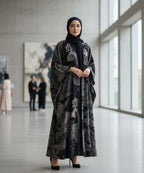 Front Button Full Gheer Abaya Black w Beige Abstract Patterns