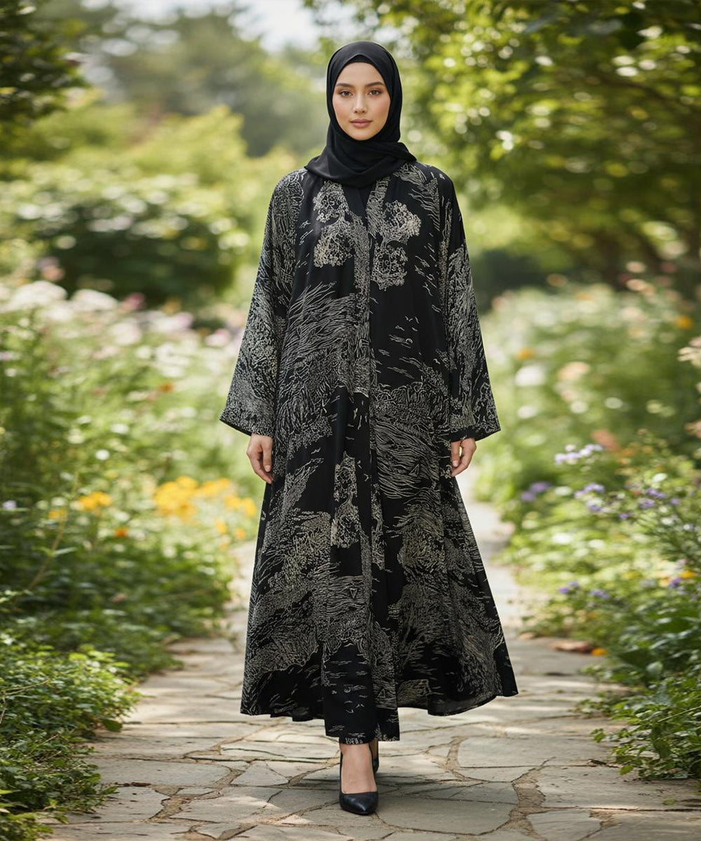 Front Button Full Gheer Abaya Black w Beige Abstract Patterns