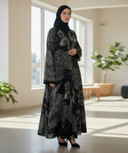 Front Button Full Gheer Abaya Black w Beige Abstract Patterns