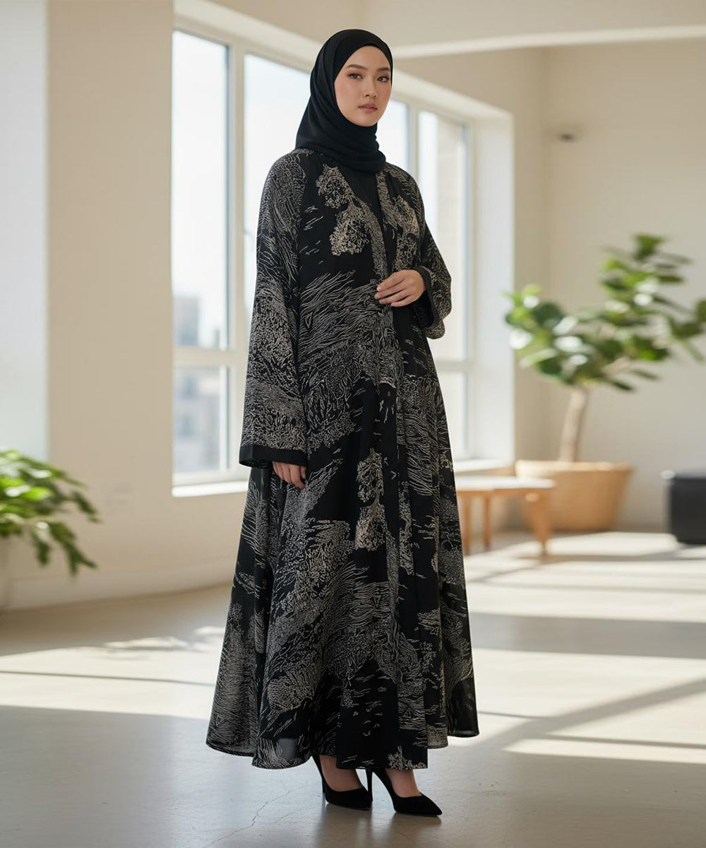 Front Button Full Gheer Abaya Black w Beige Abstract Patterns