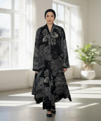 Front Button Full Gheer Abaya Black w Beige Abstract Patterns