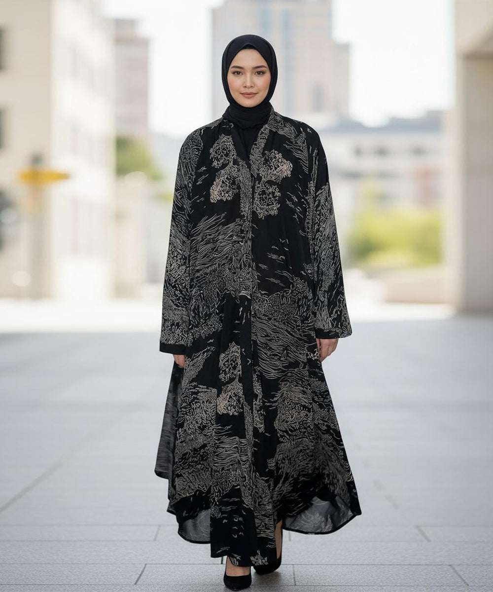 Front Button Full Gheer Abaya Black w Beige Abstract Patterns
