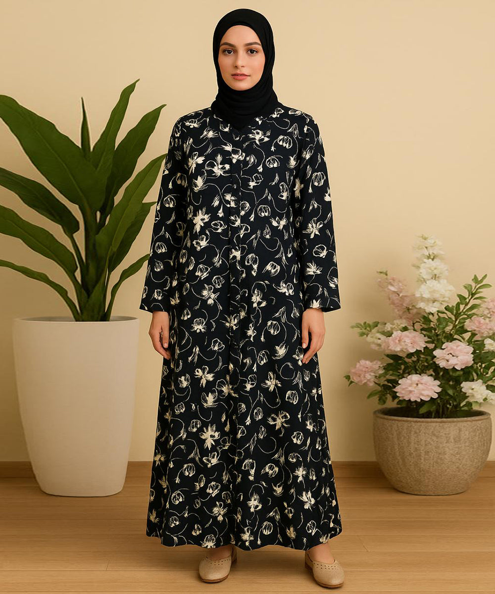 Front Open Abaya Black Base w White Floral Print