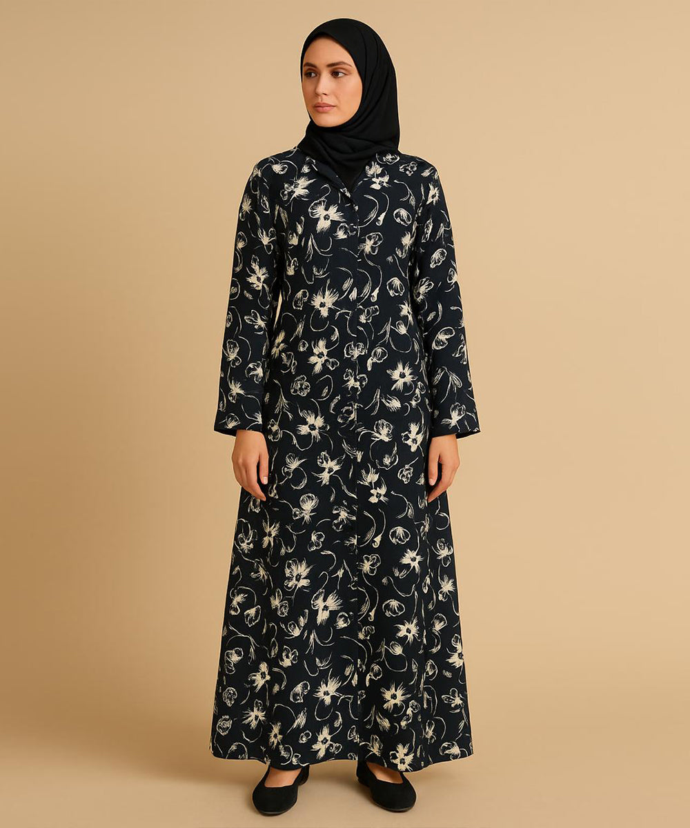 Front Open Abaya Black Base w White Floral Print