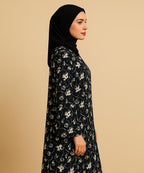 Front Open Abaya Black Base w White Floral Print