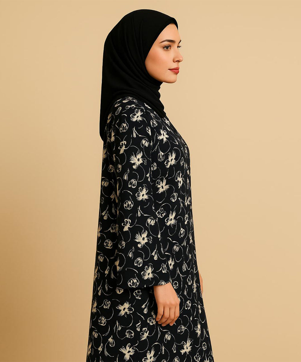 Front Open Abaya Black Base w White Floral Print