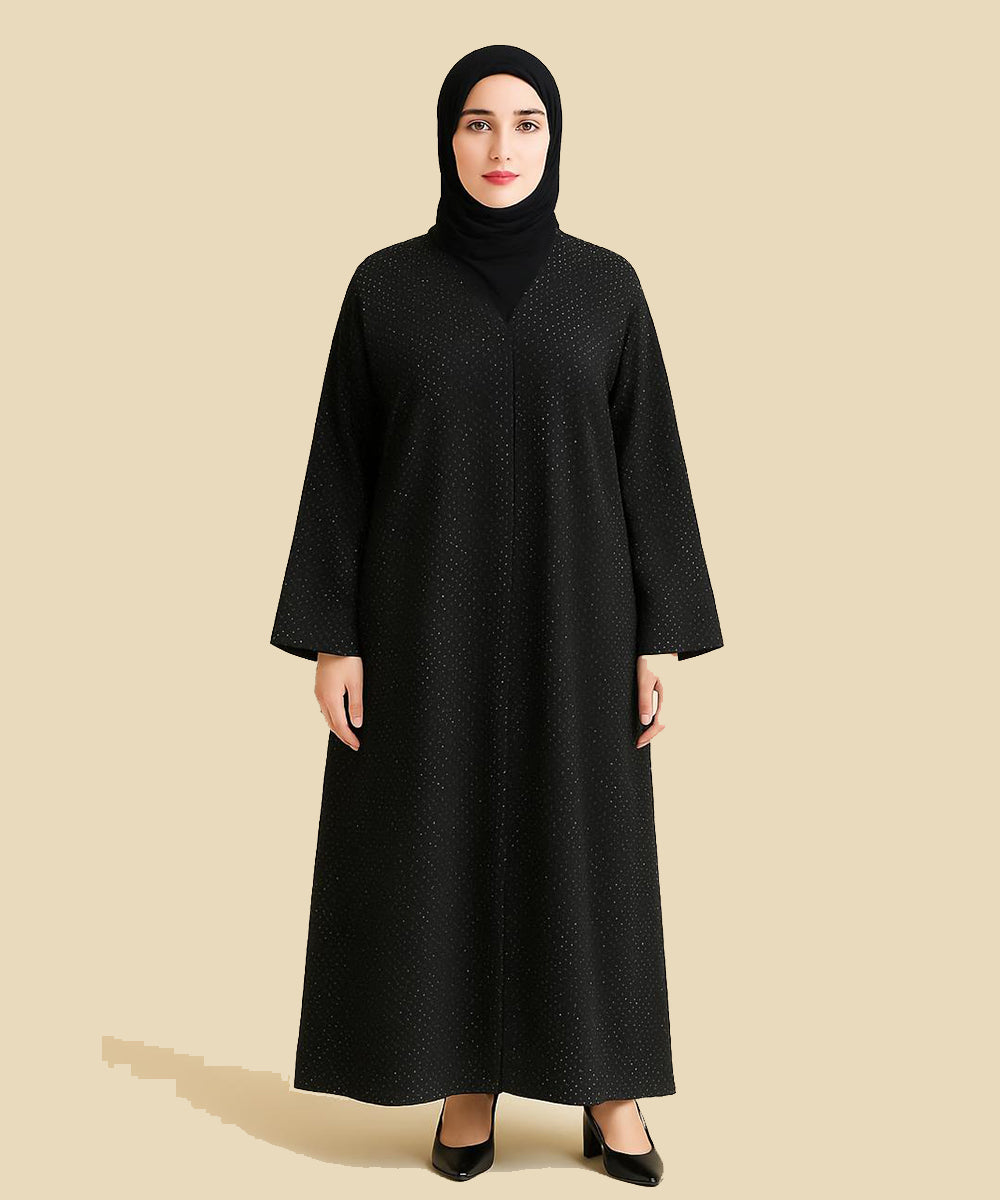 Front Open Abaya Black Fabric w Subtle White Polka Dots