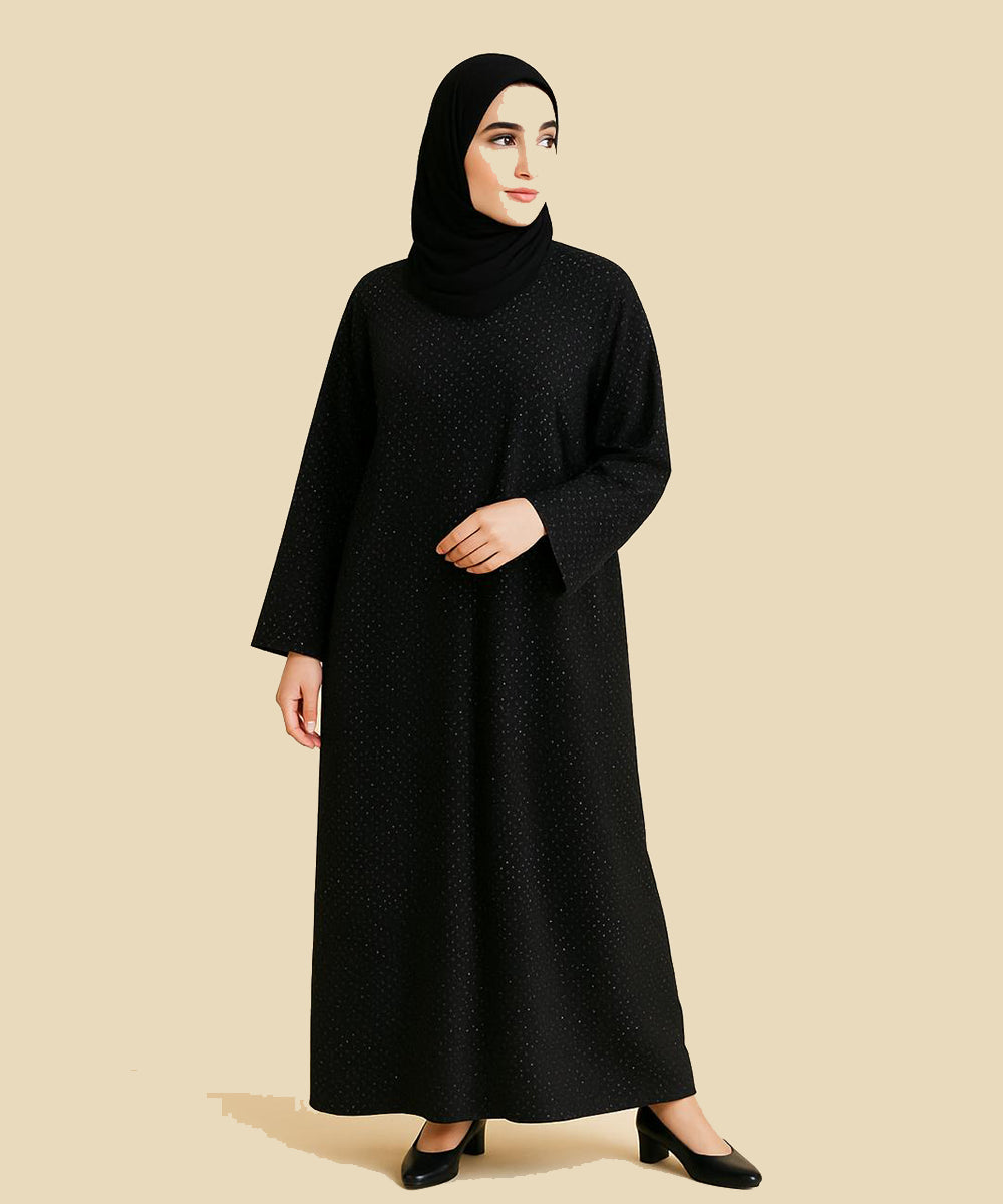 Front Open Abaya Black Fabric w Subtle White Polka Dots