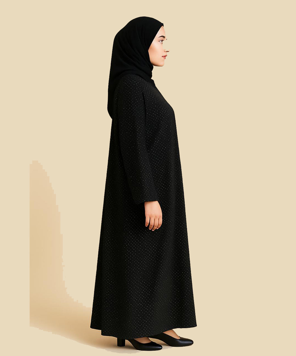 Front Open Abaya Black Fabric w Subtle White Polka Dots