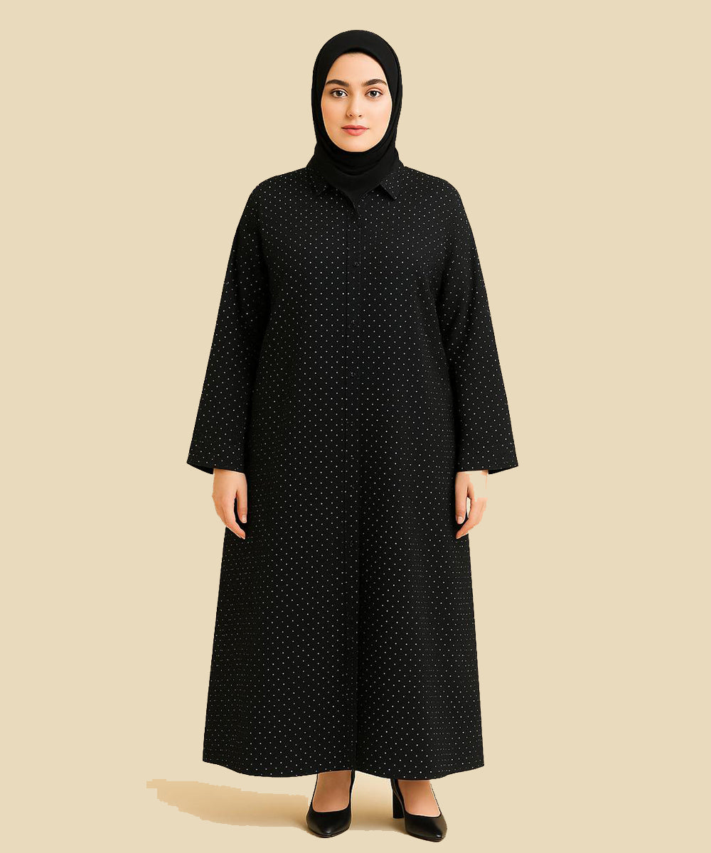 Front Open Abaya Black Fabric w Subtle White Polka Dots