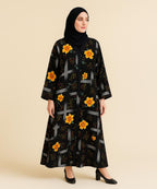 Front Open Abaya Black w Multicolor Abstract Brushstroke Pattern