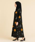 Front Open Abaya Black w Multicolor Abstract Brushstroke Pattern