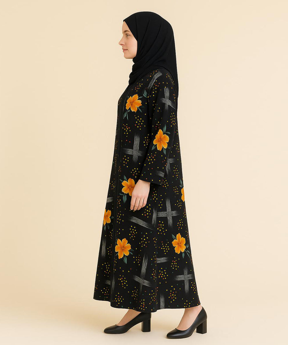Front Open Abaya Black w Multicolor Abstract Brushstroke Pattern