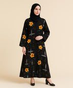 Front Open Abaya Black w Multicolor Abstract Brushstroke Pattern